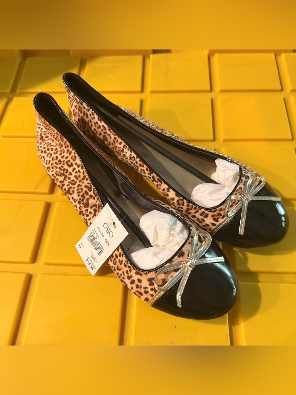 Cato Leopard Print Flats with Black Cap Toe and Silver Bow